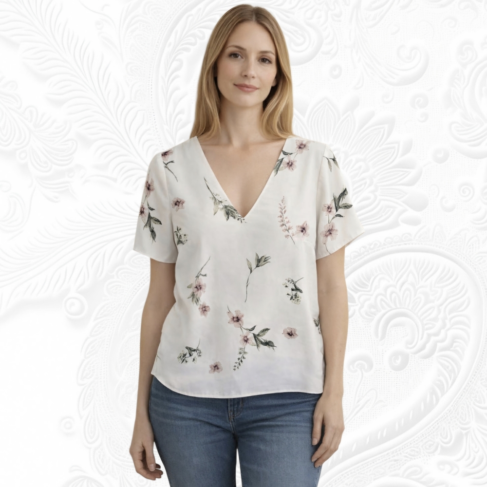 Dynamite Ivory Floral V-Neck Short Sleeve Top Relaxed Fit, XS Fits Small